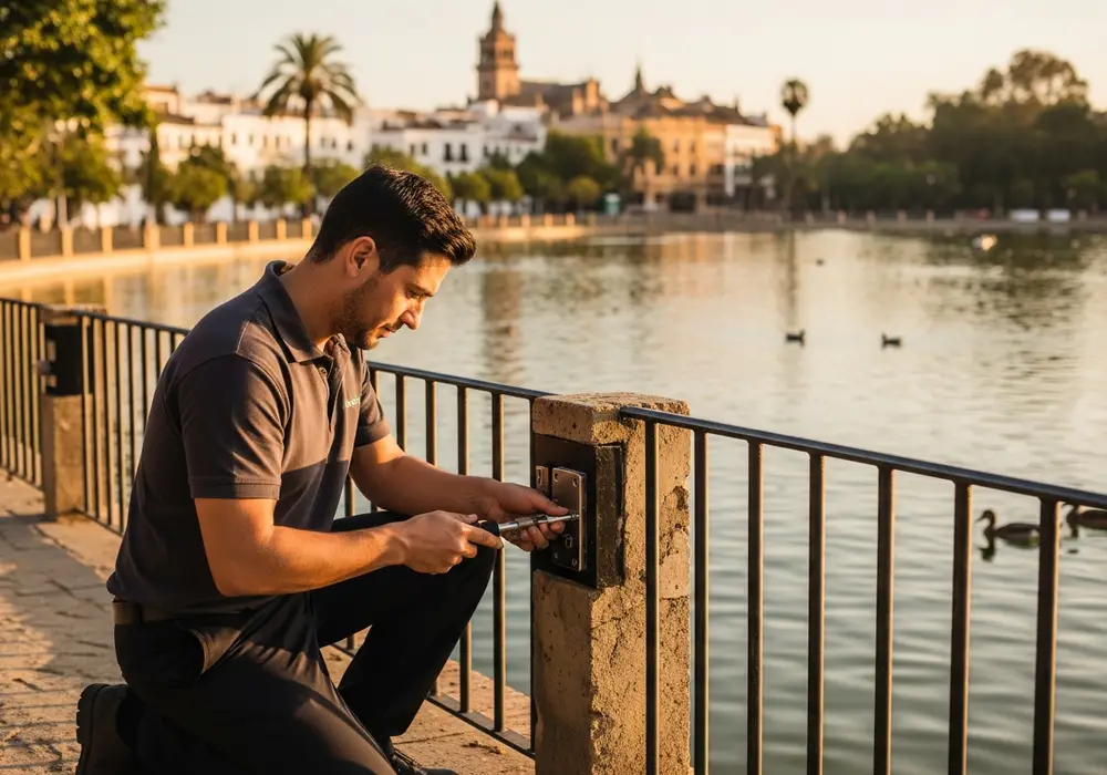 Cerrajero de KeySevilla trabajando cerca del lago de Los Bermejales, Sevilla