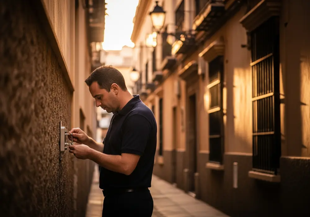 Cerrajero de KeySevilla trabajando en un callejón estrecho del barrio de Santa Cruz, Sevilla