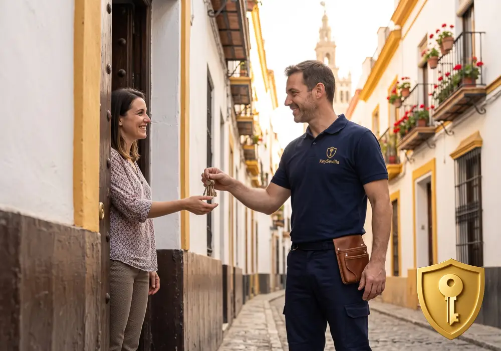 Cliente recibiendo las llaves tras una apertura de puerta sin daños de Cerrajero KeySevilla en Sevilla
