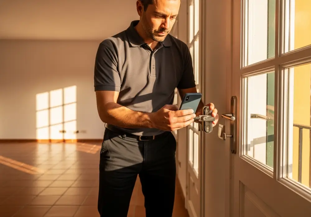 Cerrajero de KeySevilla revisando y fotografiando la cerradura de un piso vacío antes de un alquiler en Sevilla