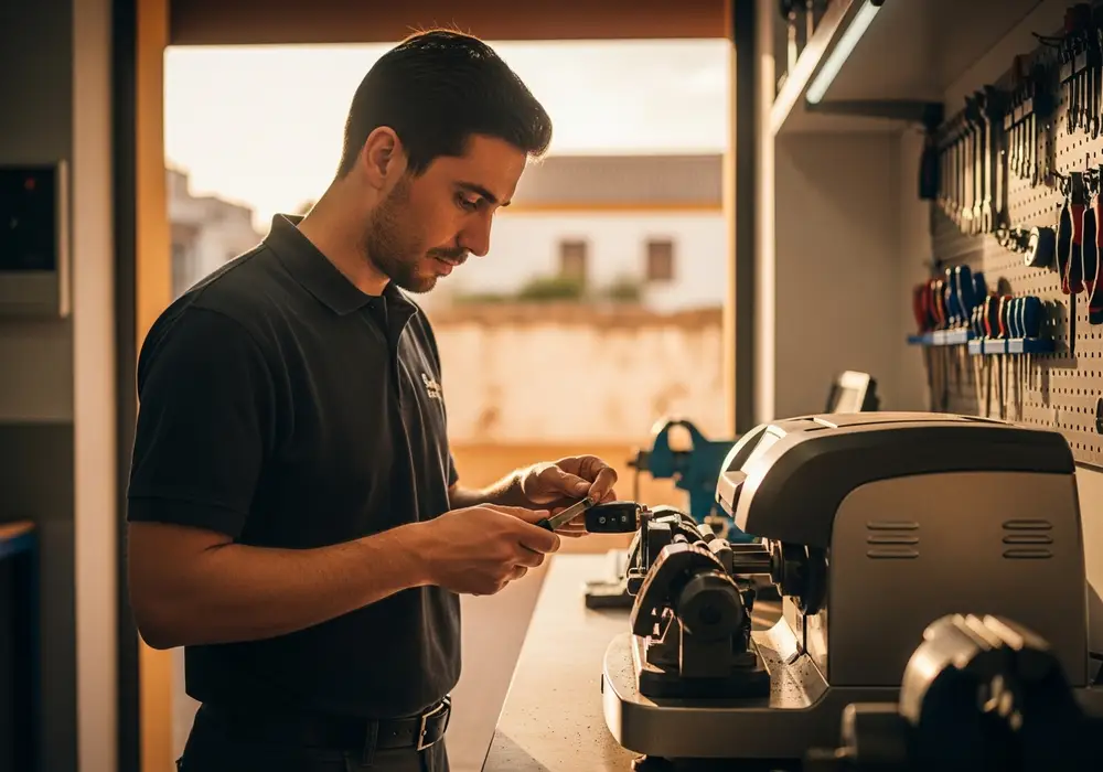 Cerrajero de KeySevilla programando una llave con transponder para un vehículo de flota en un taller de Sevilla