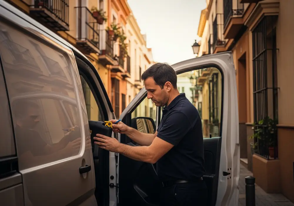 Cerrajero de KeySevilla abriendo una furgoneta de reparto cerrada con las llaves dentro en una calle de Sevilla