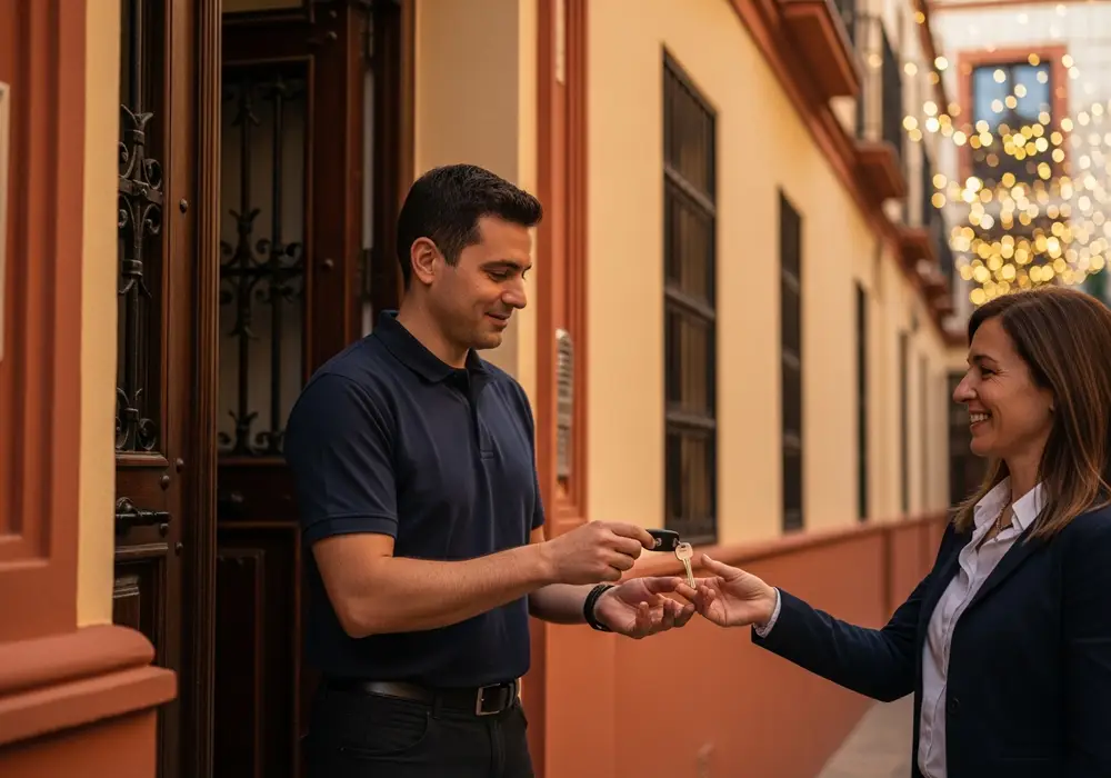 Cerrajero de KeySevilla entregando una copia de llaves en una calle de Los Remedios, Sevilla, durante la Feria de Abril