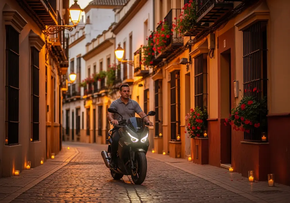 Cerrajero de KeySevilla en moto atravesando una calle estrecha del casco histórico de Sevilla durante la Semana Santa
